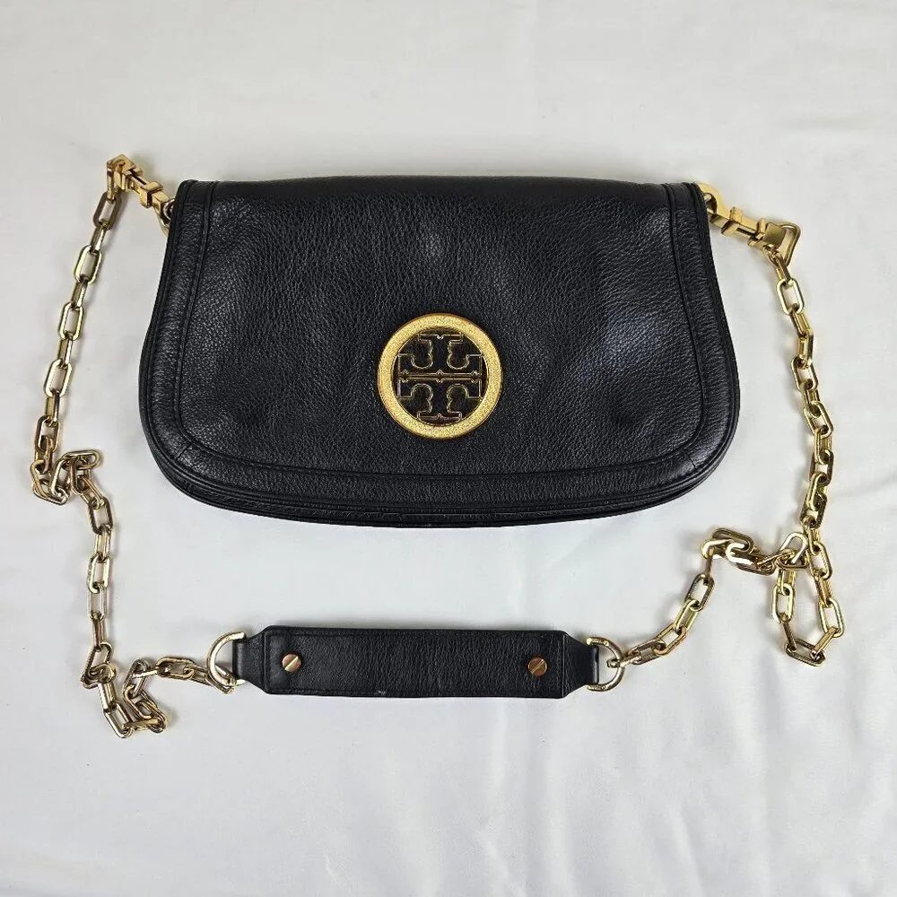Tory Burch Black Leather Crossbody Bag Gold Chain Strap Magnetic Close Flap Logo